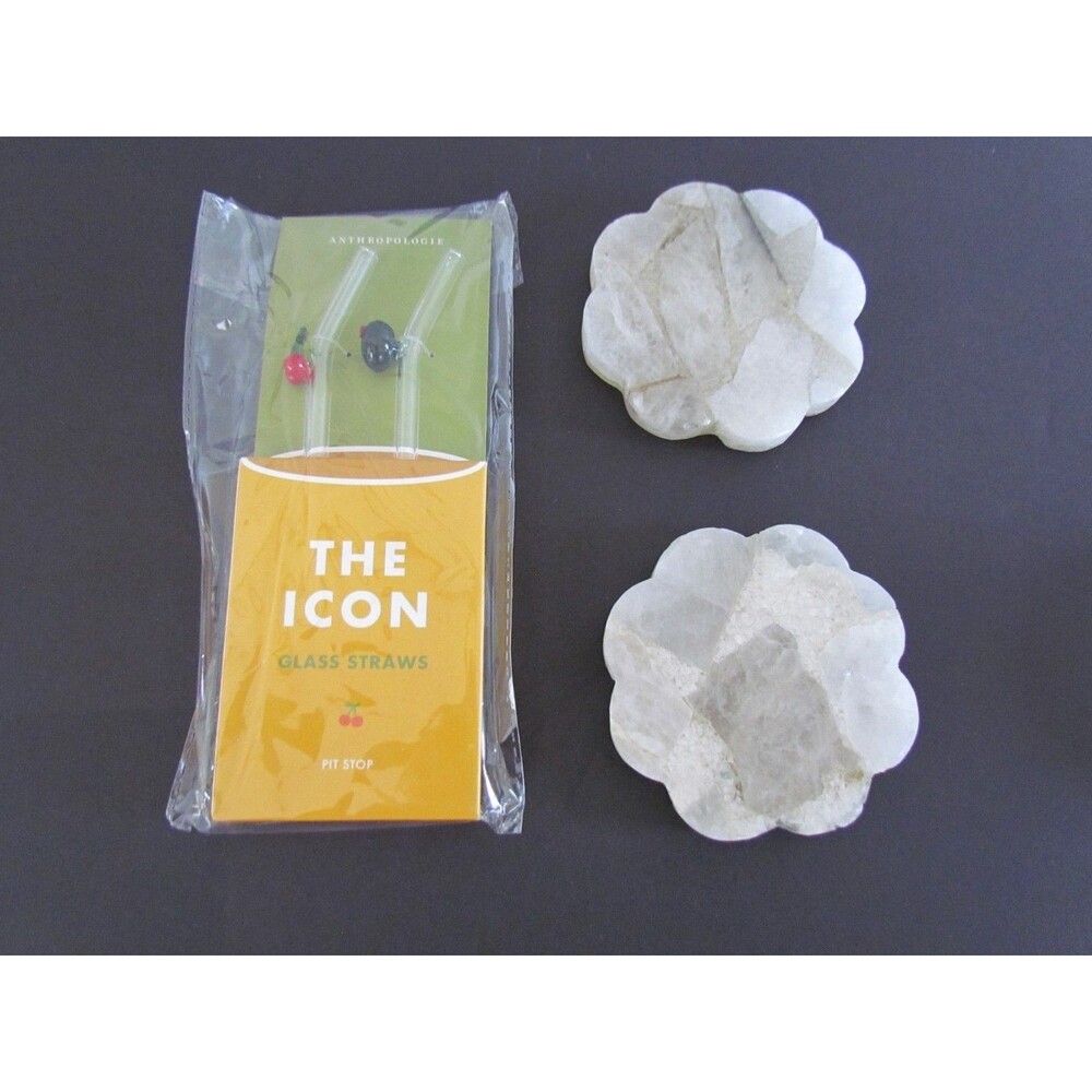 NEW Anthropologie The Icon Juice Glass Straws Olive Cherry 2 Alabaster Coasters